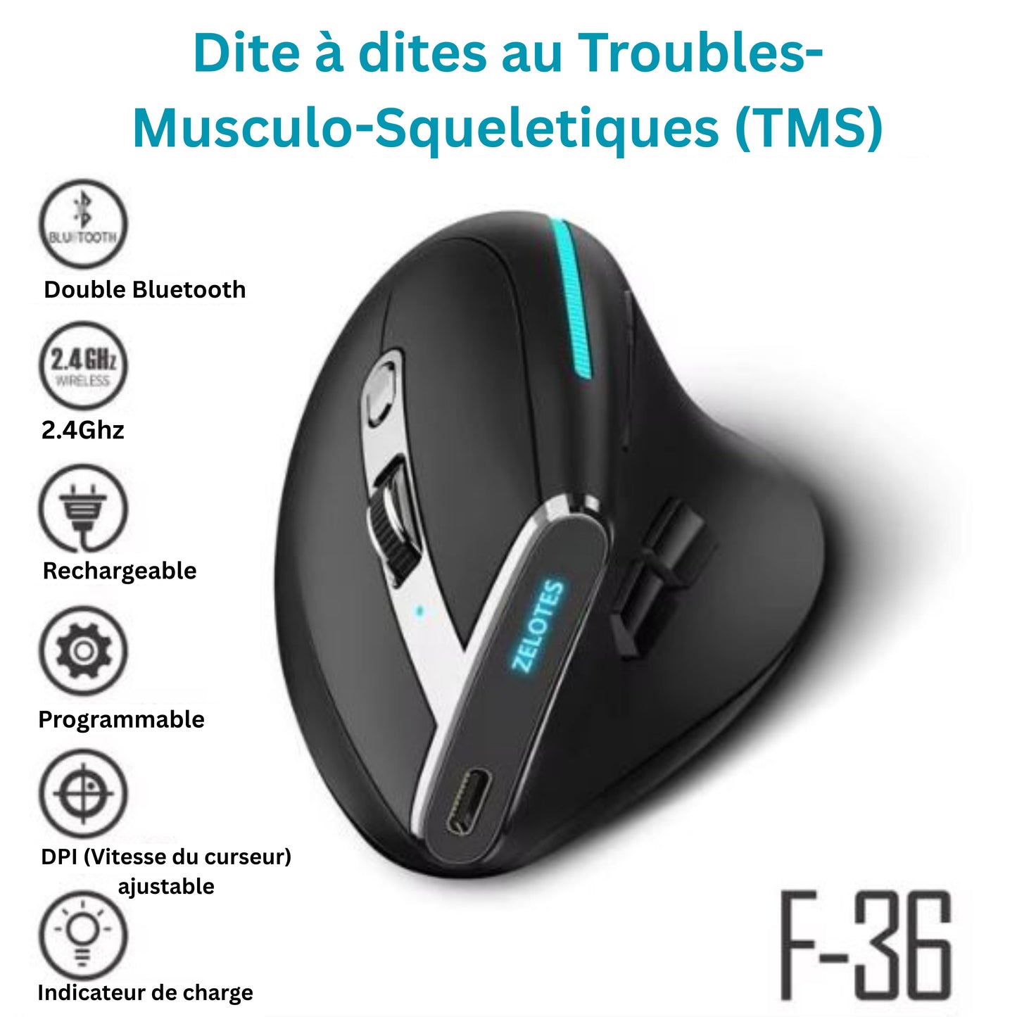 ⭐️⭐️⭐️⭐️⭐️ Souris Ergonomique sans fil, double Bluetooth, multi-connectivité « F-36 », programmable, rechargeable, connectable sur 3 appareils simultanément