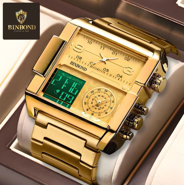 ⭐️⭐️⭐️⭐️⭐️ Montre de Luxe Binbond ORIGINALE unisexe, Chronophage lumineux, étanche 3ATM, en acier inoxydable et quartz, doté de trois cadran fonctionnels, chronomètre et alarme